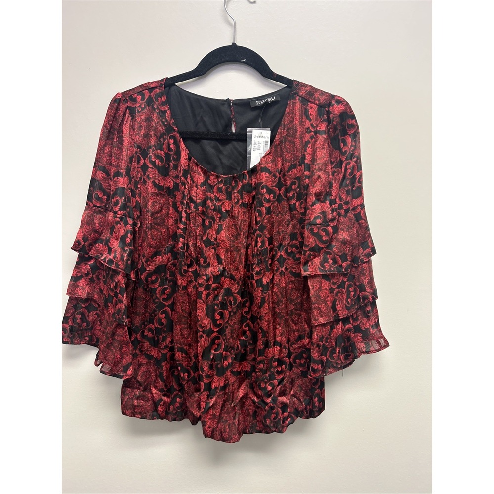 Roz & Ali Womens Boho Whimsigoth Holiday Top Size S Red Floral Metallic Flowy